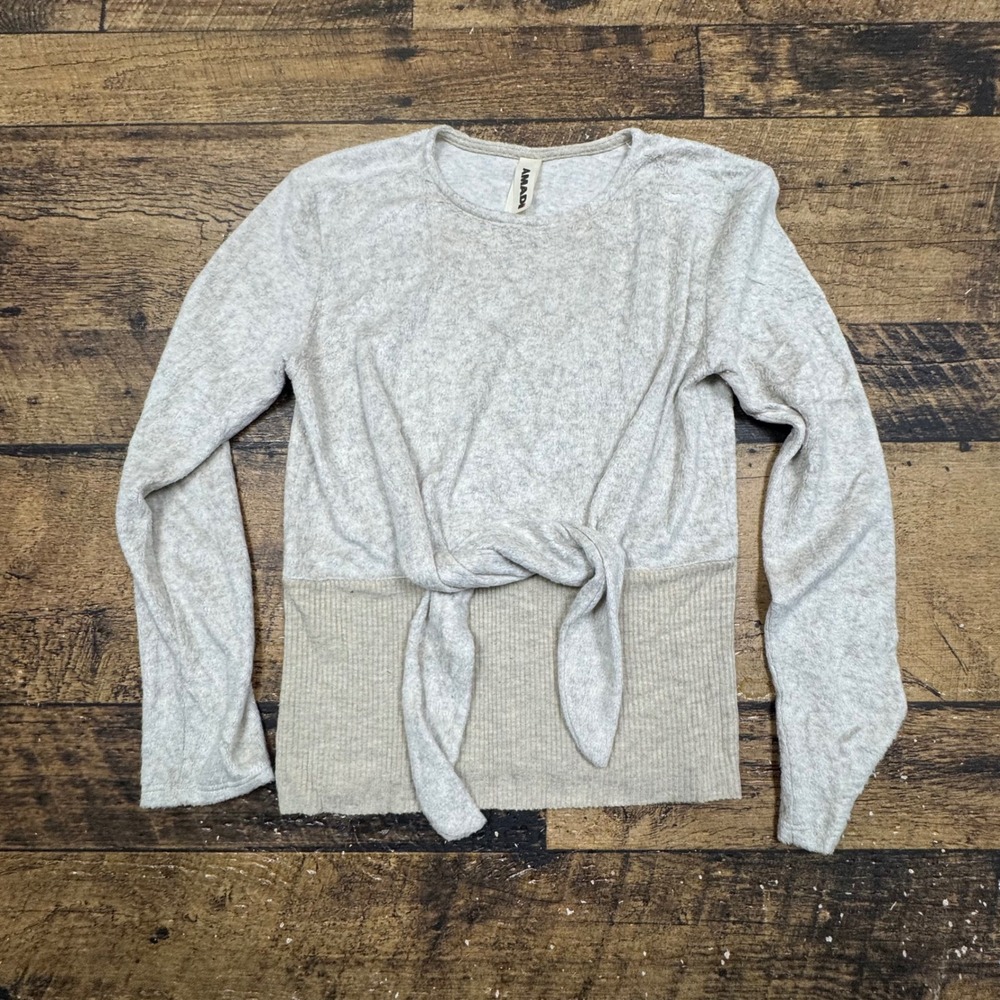 AMADI Womens Knit Sweater Beige Tie Front Ribbed Bottom Long Sleeve Size S‎